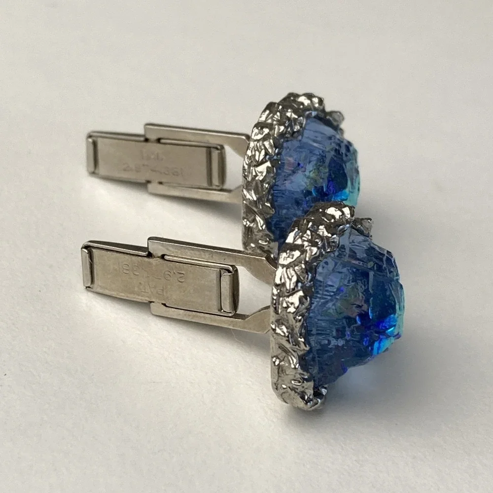Vintage Blue Nugget Silver‎ Tone Cufflinks Pat. 2.974.381 Classic Retro Mens
